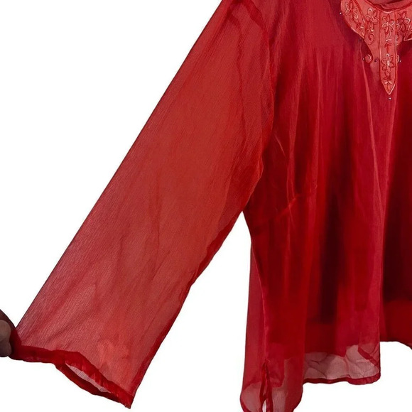 Uniti Casuals Vintage Peach Womens Blouse 1X Embroidered Flower Rhinestone Sheer - Picture 4 of 7